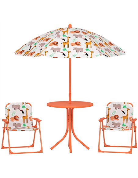 AIYAPLAY Kids Patio Set, Children Table and Chair Set, Outdoor Picnic Table with 2 Folding Chairs and Umbrella, Orange - pic 202148 | FastDaddyshop