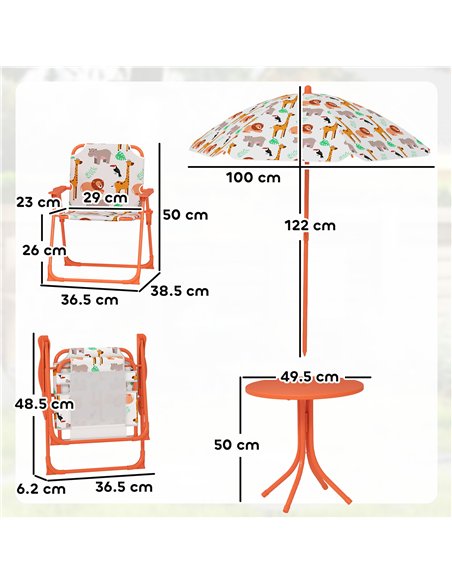 AIYAPLAY Kids Patio Set, Children Table and Chair Set, Outdoor Picnic Table with 2 Folding Chairs and Umbrella, Orange - pic 202150 | FastDaddyshop