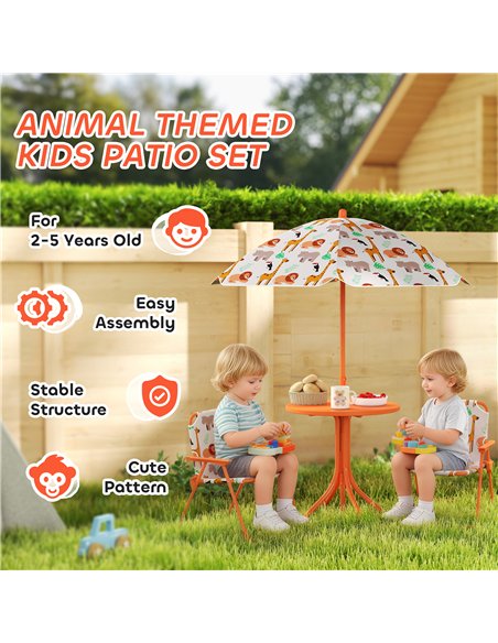 AIYAPLAY Kids Patio Set, Children Table and Chair Set, Outdoor Picnic Table with 2 Folding Chairs and Umbrella, Orange - pic 202151 | FastDaddyshop