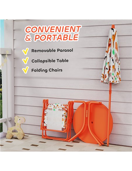 AIYAPLAY Kids Patio Set, Children Table and Chair Set, Outdoor Picnic Table with 2 Folding Chairs and Umbrella, Orange - pic 202152 | FastDaddyshop