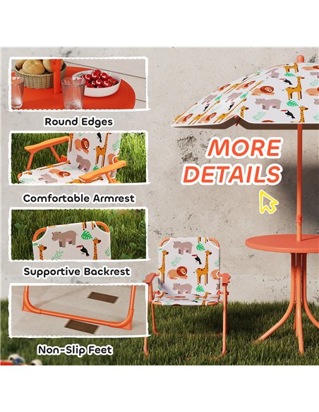 AIYAPLAY Kids Patio Set, Children Table and Chair Set, Outdoor Picnic Table with 2 Folding Chairs and Umbrella, Orange - pic 202153 | FastDaddyshop