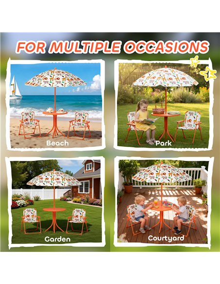 AIYAPLAY Kids Patio Set, Children Table and Chair Set, Outdoor Picnic Table with 2 Folding Chairs and Umbrella, Orange - pic 202154 | FastDaddyshop