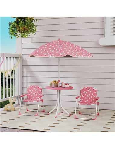 AIYAPLAY Kids Patio Table and Chair Set, Kids Garden Furniture with Umbrella, 4-Piece Bistro Set for Garden, Pink