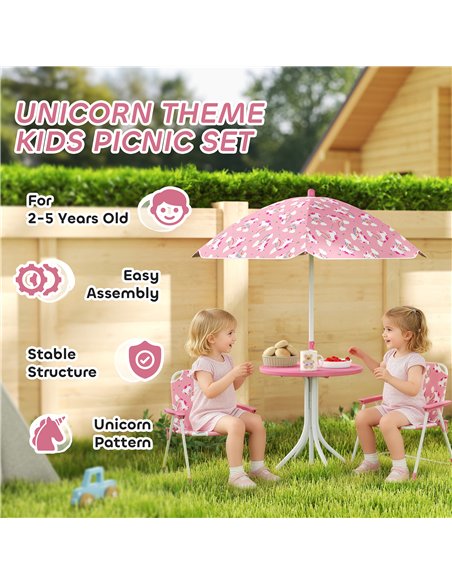 AIYAPLAY Kids Patio Table and Chair Set, Kids Garden Furniture with Umbrella, 4-Piece Bistro Set for Garden, Pink - pic 202160 | FastDaddyshop