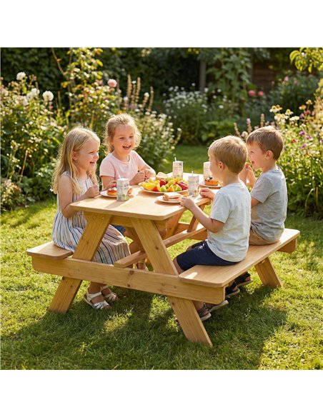 AIYAPLAY Kids Picnic Table for Outdoor Wooden Table & Bench Set with Integrated Benches Natural Wood - pic 202167 | FastDaddyshop