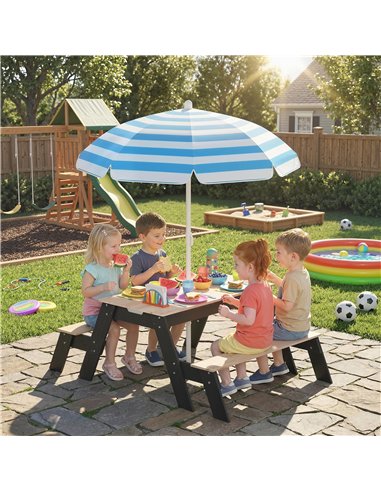 AIYAPLAY Kids Garden Furniture with Parasol, 3 in 1 Wooden Sand and Water Table with 2 Hidden Play Boxes for Patio, Ages 3-6