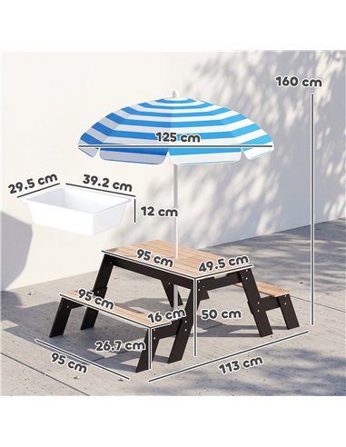 AIYAPLAY Kids Garden Furniture with Parasol, 3 in 1 Wooden Sand and Water Table with 2 Hidden Play Boxes for Patio, Ages 3-6