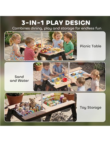 AIYAPLAY Kids Garden Furniture with Parasol, 3 in 1 Wooden Sand and Water Table with 2 Hidden Play Boxes for Patio, Ages 3-6