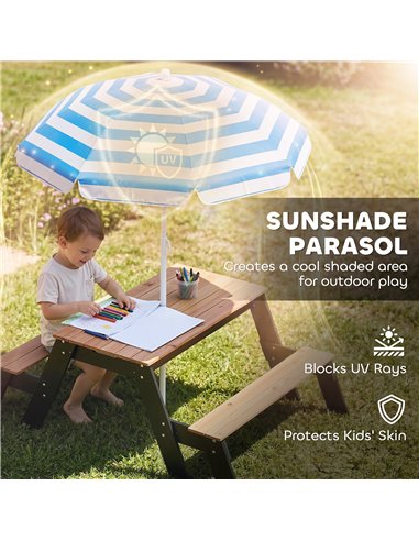 AIYAPLAY Kids Garden Furniture with Parasol, 3 in 1 Wooden Sand and Water Table with 2 Hidden Play Boxes for Patio, Ages 3-6