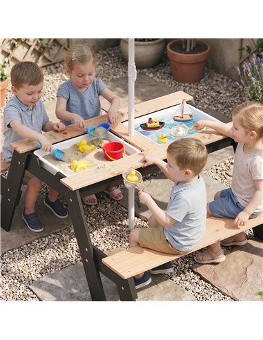 AIYAPLAY Kids Garden Furniture with Parasol, 3 in 1 Wooden Sand and Water Table with 2 Hidden Play Boxes for Patio, Ages 3-6