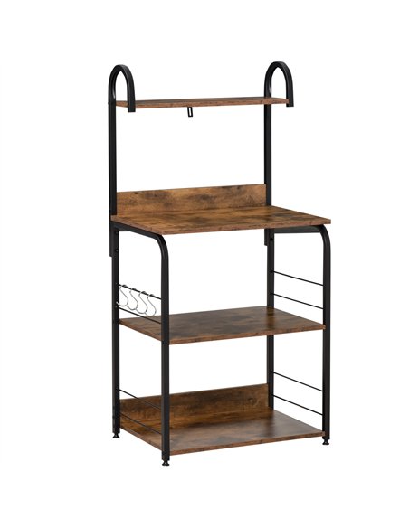 HOMCOM 4-Tier Baker's Rack, Microwave Stand with 4 Hooks, Kitchen Storage Unit for Spices, Pots and Pans, Rustic Brown - pic 202193 | FastDaddyshop
