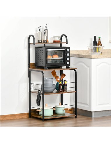 HOMCOM 4-Tier Baker's Rack, Microwave Stand with 4 Hooks, Kitchen Storage Unit for Spices, Pots and Pans, Rustic Brown