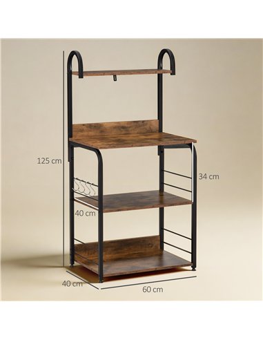 HOMCOM 4-Tier Baker's Rack, Microwave Stand with 4 Hooks, Kitchen Storage Unit for Spices, Pots and Pans, Rustic Brown