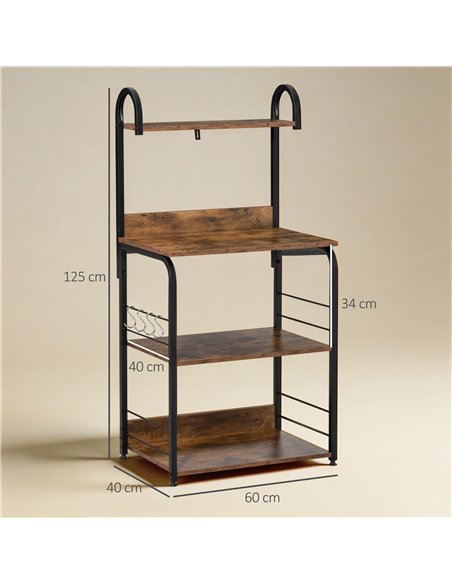 HOMCOM 4-Tier Baker's Rack, Microwave Stand with 4 Hooks, Kitchen Storage Unit for Spices, Pots and Pans, Rustic Brown - pic 202195 | FastDaddyshop