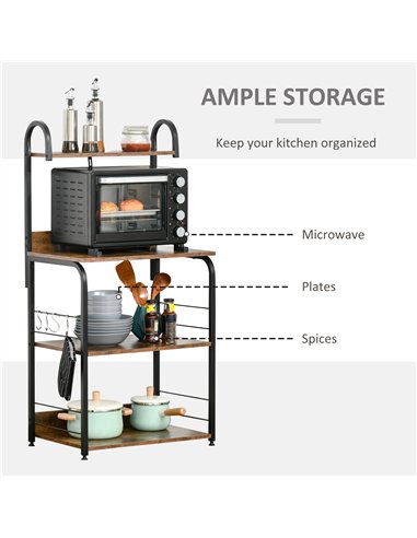 HOMCOM 4-Tier Baker's Rack, Microwave Stand with 4 Hooks, Kitchen Storage Unit for Spices, Pots and Pans, Rustic Brown
