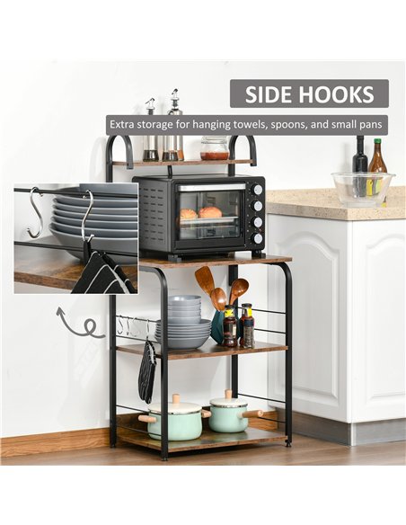 HOMCOM 4-Tier Baker's Rack, Microwave Stand with 4 Hooks, Kitchen Storage Unit for Spices, Pots and Pans, Rustic Brown - pic 202197 | FastDaddyshop