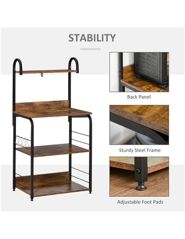 HOMCOM 4-Tier Baker's Rack, Microwave Stand with 4 Hooks, Kitchen Storage Unit for Spices, Pots and Pans, Rustic Brown