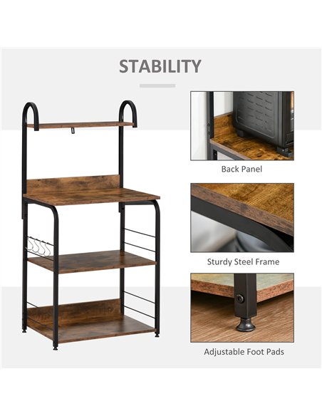 HOMCOM 4-Tier Baker's Rack, Microwave Stand with 4 Hooks, Kitchen Storage Unit for Spices, Pots and Pans, Rustic Brown - pic 202198 | FastDaddyshop