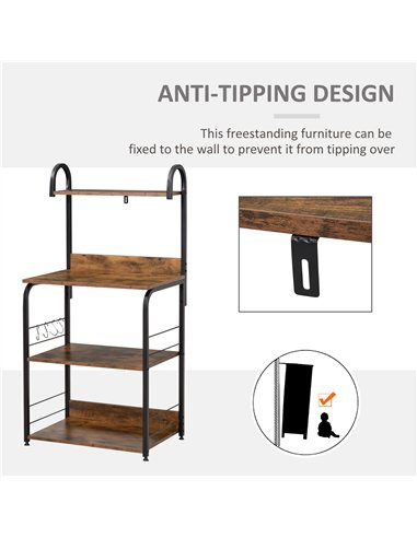 HOMCOM 4-Tier Baker's Rack, Microwave Stand with 4 Hooks, Kitchen Storage Unit for Spices, Pots and Pans, Rustic Brown
