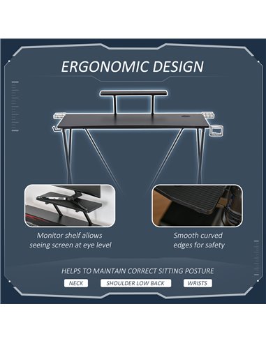 HOMCOM Ergonomic Gaming Computer Desk with Monitor Shelf, Headphone Hook, Black
