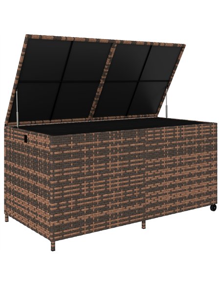 Outsunny 650L Garden Storage Box with 2 Wheels, Rattan Deck Box with Waterproof Zipped Liner, Safe Pneumatic Rods, Mixed Brown - pic 202265 | FastDaddyshop