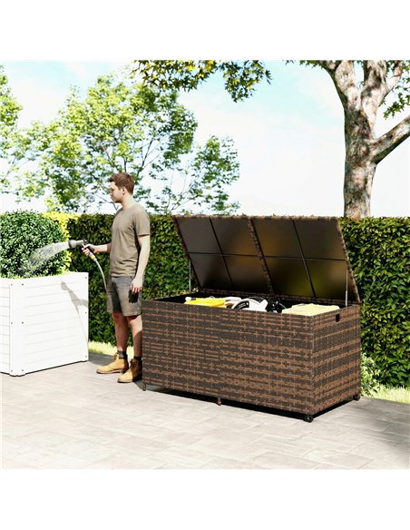 Outsunny 650L Garden Storage Box with 2 Wheels, Rattan Deck Box with Waterproof Zipped Liner, Safe Pneumatic Rods, Mixed Brown - pic 202266 | FastDaddyshop