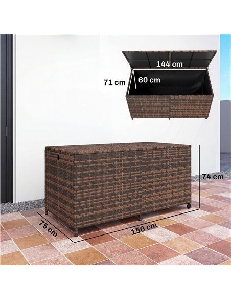 Outsunny 650L Garden Storage Box with 2 Wheels, Rattan Deck Box with Waterproof Zipped Liner, Safe Pneumatic Rods, Mixed Brown - pic 202267 | FastDaddyshop