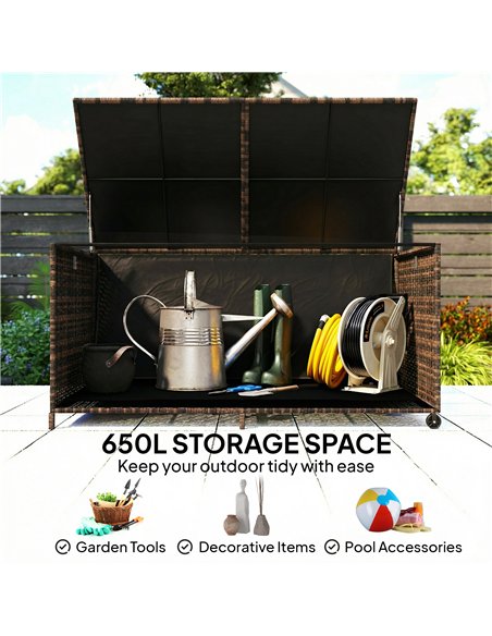 Outsunny 650L Garden Storage Box with 2 Wheels, Rattan Deck Box with Waterproof Zipped Liner, Safe Pneumatic Rods, Mixed Brown - pic 202268 | FastDaddyshop