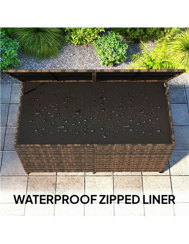 Outsunny 650L Garden Storage Box with 2 Wheels, Rattan Deck Box with Waterproof Zipped Liner, Safe Pneumatic Rods, Mixed Brown