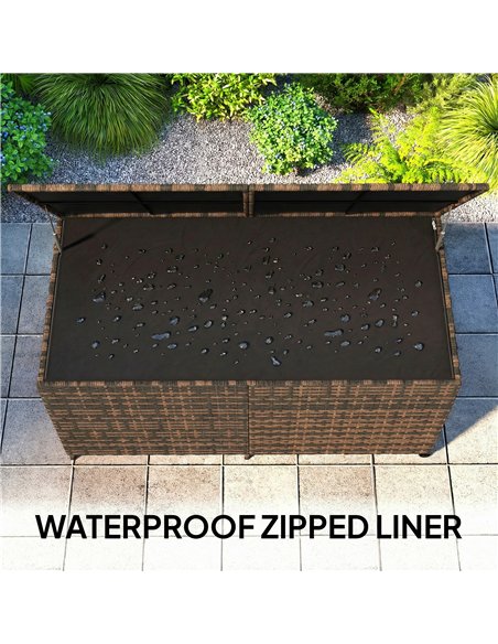 Outsunny 650L Garden Storage Box with 2 Wheels, Rattan Deck Box with Waterproof Zipped Liner, Safe Pneumatic Rods, Mixed Brown - pic 202269 | FastDaddyshop