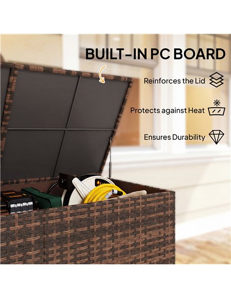 Outsunny 650L Garden Storage Box with 2 Wheels, Rattan Deck Box with Waterproof Zipped Liner, Safe Pneumatic Rods, Mixed Brown - pic 202270 | FastDaddyshop