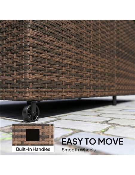 Outsunny 650L Garden Storage Box with 2 Wheels, Rattan Deck Box with Waterproof Zipped Liner, Safe Pneumatic Rods, Mixed Brown - pic 202272 | FastDaddyshop