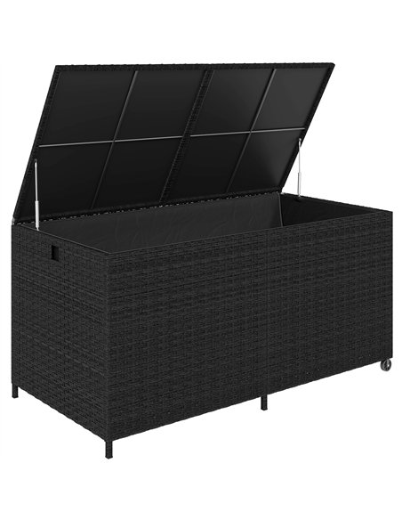 Outsunny 650L Garden Storage Box with 2 Wheels, Rattan Deck Box with Waterproof Zipped Liner, Safe Pneumatic Rods, Black - pic 202274 | FastDaddyshop