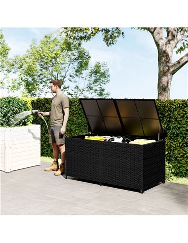 Outsunny 650L Garden Storage Box with 2 Wheels, Rattan Deck Box with Waterproof Zipped Liner, Safe Pneumatic Rods, Black
