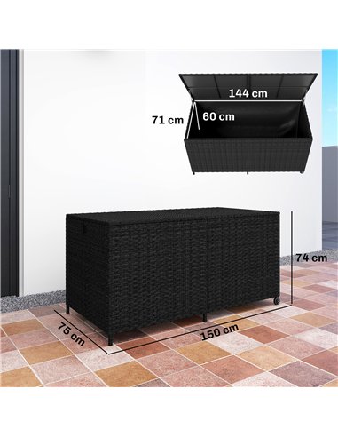 Outsunny 650L Garden Storage Box with 2 Wheels, Rattan Deck Box with Waterproof Zipped Liner, Safe Pneumatic Rods, Black