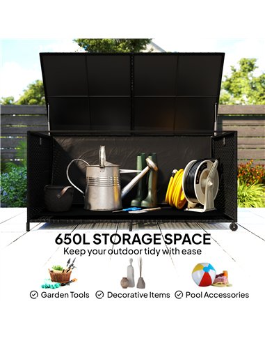 Outsunny 650L Garden Storage Box with 2 Wheels, Rattan Deck Box with Waterproof Zipped Liner, Safe Pneumatic Rods, Black
