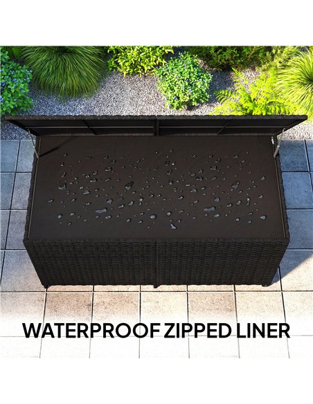 Outsunny 650L Garden Storage Box with 2 Wheels, Rattan Deck Box with Waterproof Zipped Liner, Safe Pneumatic Rods, Black - pic 202278 | FastDaddyshop