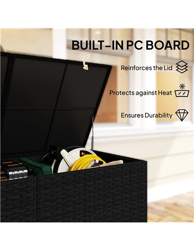 Outsunny 650L Garden Storage Box with 2 Wheels, Rattan Deck Box with Waterproof Zipped Liner, Safe Pneumatic Rods, Black