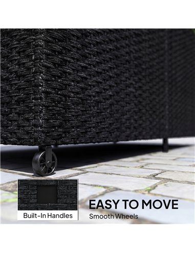 Outsunny 650L Garden Storage Box with 2 Wheels, Rattan Deck Box with Waterproof Zipped Liner, Safe Pneumatic Rods, Black