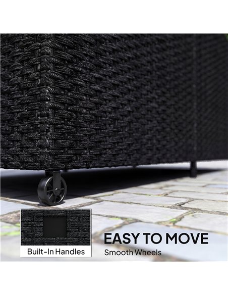 Outsunny 650L Garden Storage Box with 2 Wheels, Rattan Deck Box with Waterproof Zipped Liner, Safe Pneumatic Rods, Black - pic 202281 | FastDaddyshop