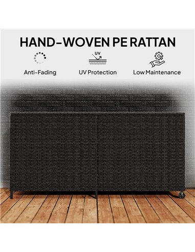 Outsunny 650L Garden Storage Box with 2 Wheels, Rattan Deck Box with Waterproof Zipped Liner, Safe Pneumatic Rods, Black