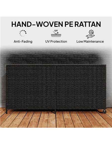 Outsunny 650L Garden Storage Box with 2 Wheels, Rattan Deck Box with Waterproof Zipped Liner, Safe Pneumatic Rods, Black - pic 202282 | FastDaddyshop