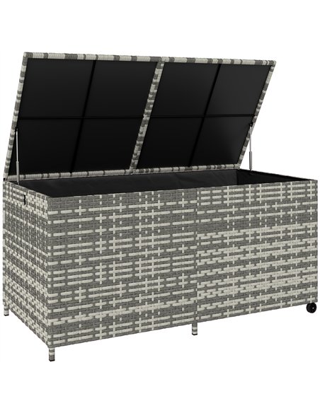 Outsunny 650L Garden Storage Box with 2 Wheels, Rattan Deck Box with Waterproof Zipped Liner, Safe Pneumatic Rods, Mixed Grey - pic 202283 | FastDaddyshop