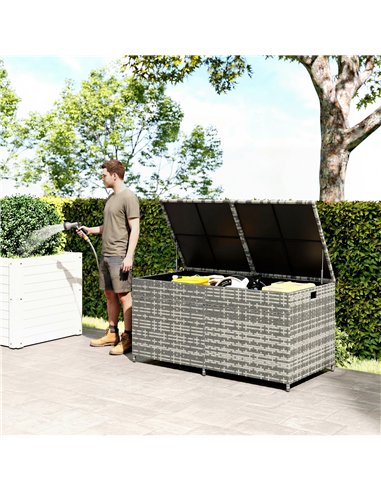 Outsunny 650L Garden Storage Box with 2 Wheels, Rattan Deck Box with Waterproof Zipped Liner, Safe Pneumatic Rods, Mixed Grey