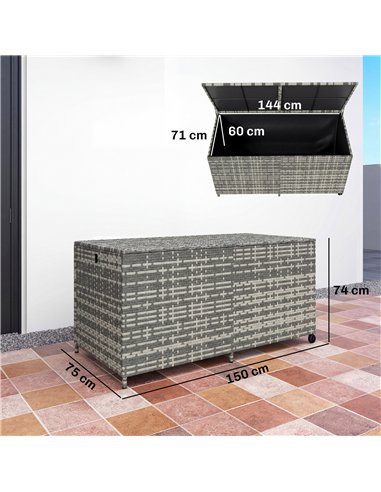 Outsunny 650L Garden Storage Box with 2 Wheels, Rattan Deck Box with Waterproof Zipped Liner, Safe Pneumatic Rods, Mixed Grey