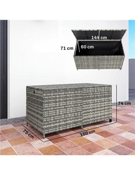Outsunny 650L Garden Storage Box with 2 Wheels, Rattan Deck Box with Waterproof Zipped Liner, Safe Pneumatic Rods, Mixed Grey - pic 202285 | FastDaddyshop