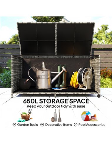 Outsunny 650L Garden Storage Box with 2 Wheels, Rattan Deck Box with Waterproof Zipped Liner, Safe Pneumatic Rods, Mixed Grey