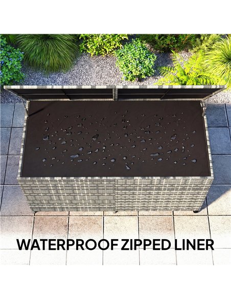 Outsunny 650L Garden Storage Box with 2 Wheels, Rattan Deck Box with Waterproof Zipped Liner, Safe Pneumatic Rods, Mixed Grey - pic 202287 | FastDaddyshop