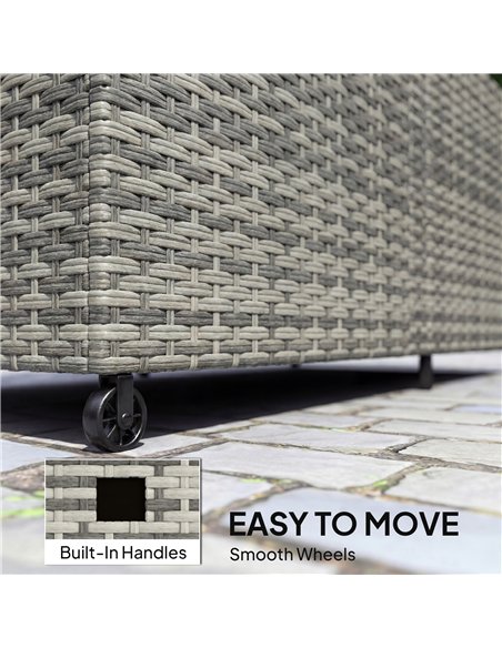 Outsunny 650L Garden Storage Box with 2 Wheels, Rattan Deck Box with Waterproof Zipped Liner, Safe Pneumatic Rods, Mixed Grey - pic 202290 | FastDaddyshop