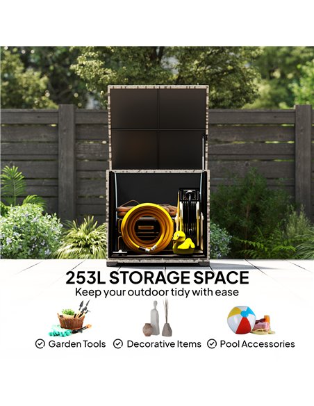 Outsunny 253L Garden Storage Box, Rattan Deck Box with Zipped Liner, Safe Pneumatic Rod, Patio Storage Container, Mixed Grey - pic 202295 | FastDaddyshop